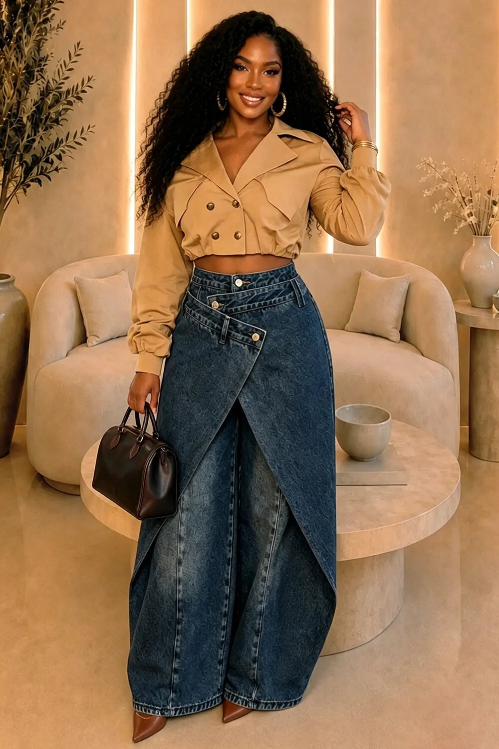 Solid Color Asymmetrical Button Overlap Wide Leg Casual Pants-Brown