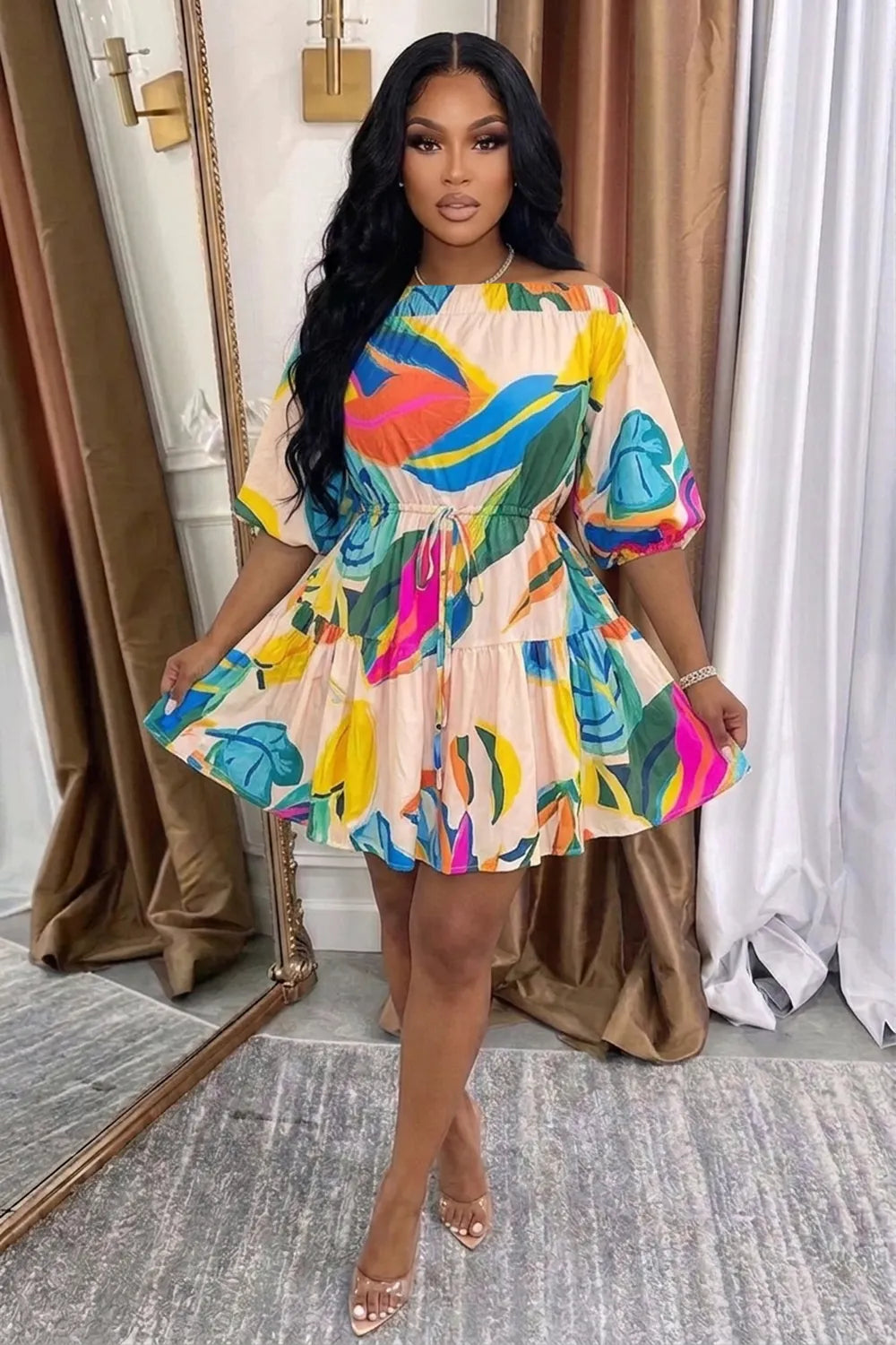 Boat Neck Puff Sleeve All Over Print Mini Dresses