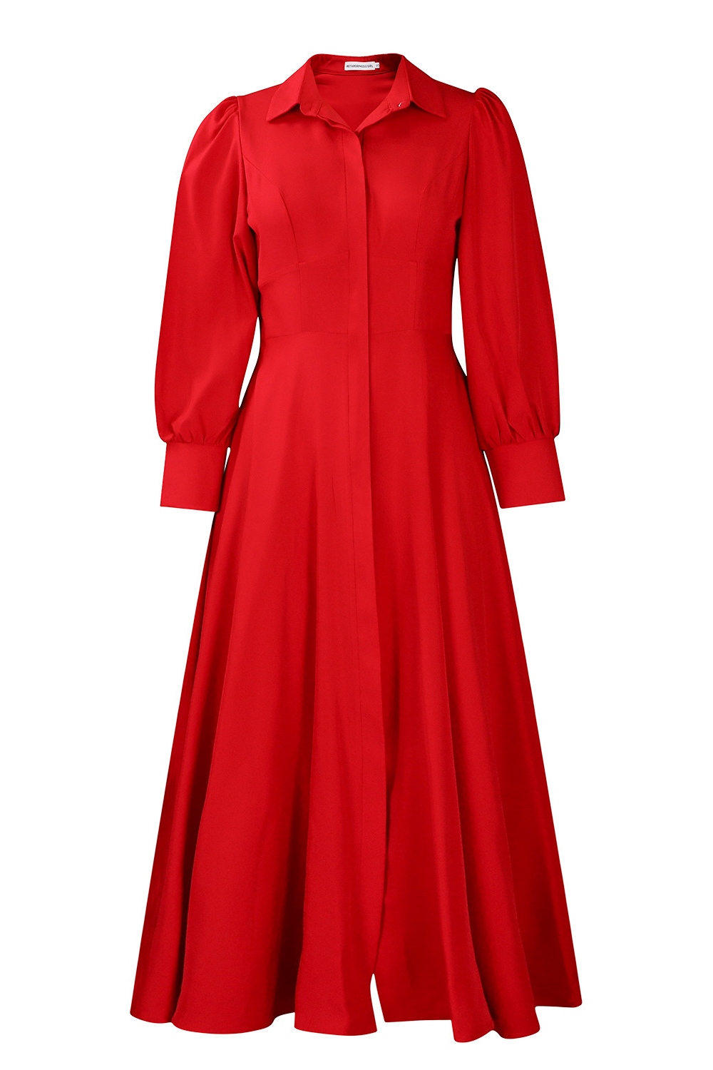 Collar Long Sleeve Cinch Waist Solid Color Maxi Shirt Dresses-Pink
