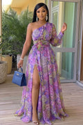 One Shoulder Cinch Waist Floral Vacation Maxi Dresses-Purple