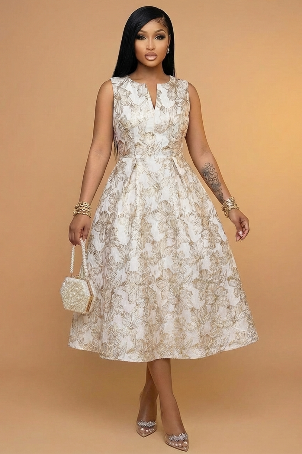 V Neck Sleeveless Cinch Waist Floral Gowns Maxi Dresses-Gold