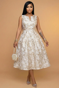 V Neck Sleeveless Cinch Waist Floral Gowns Maxi Dresses-Gold