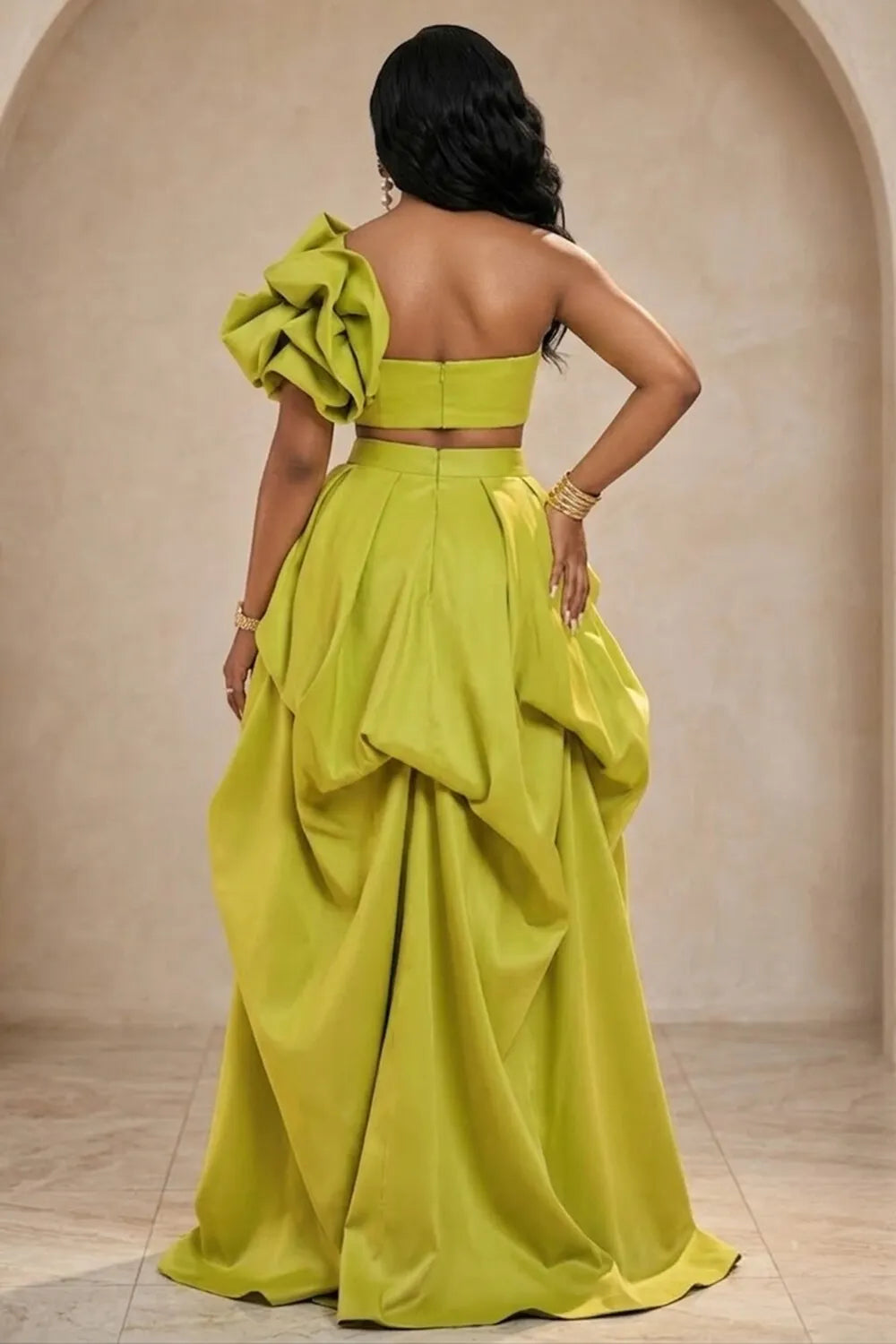 3D Ruffle One Shoulder Tube Top Slit Mini Skirt 2pcs Set-Green