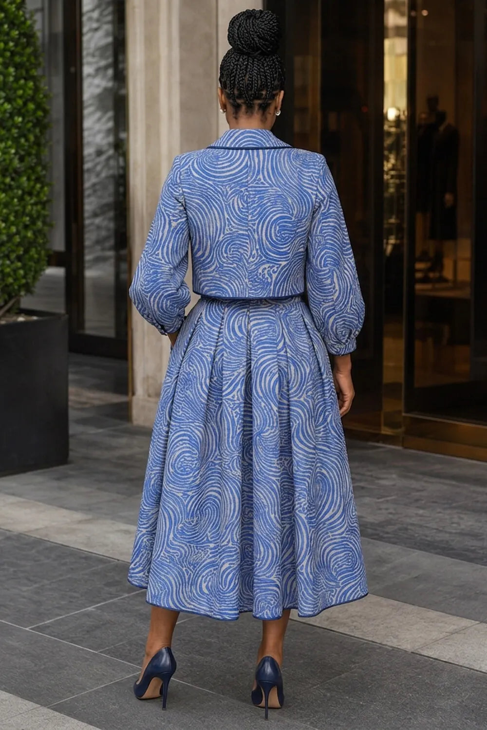 Swirl Print Turndown Collar Jacket Midi Skirt 2pcs Set-Blue