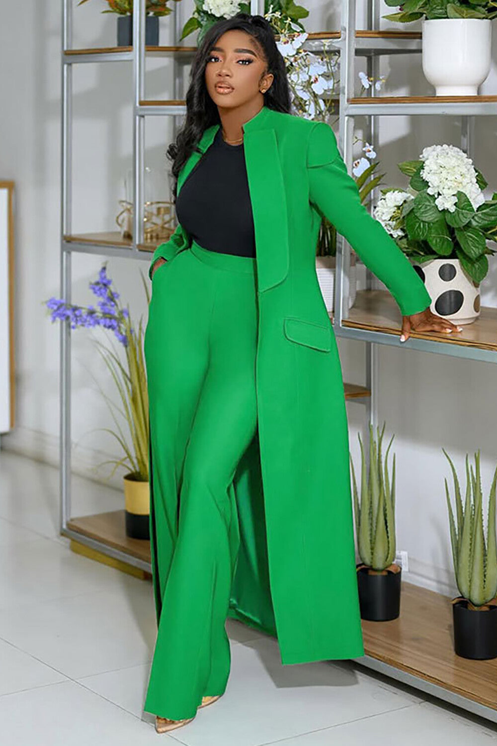 Collar Solid Color Long Blazer High Waist Pants 2pcs Set-Green