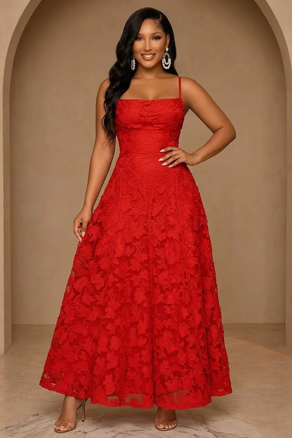 Spaghetti Strap Floral Lace Cinch Waist Backless Lace-Up Maxi Dresses-Red
