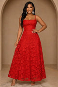 Spaghetti Strap Floral Lace Cinch Waist Backless Lace-Up Maxi Dresses-Red