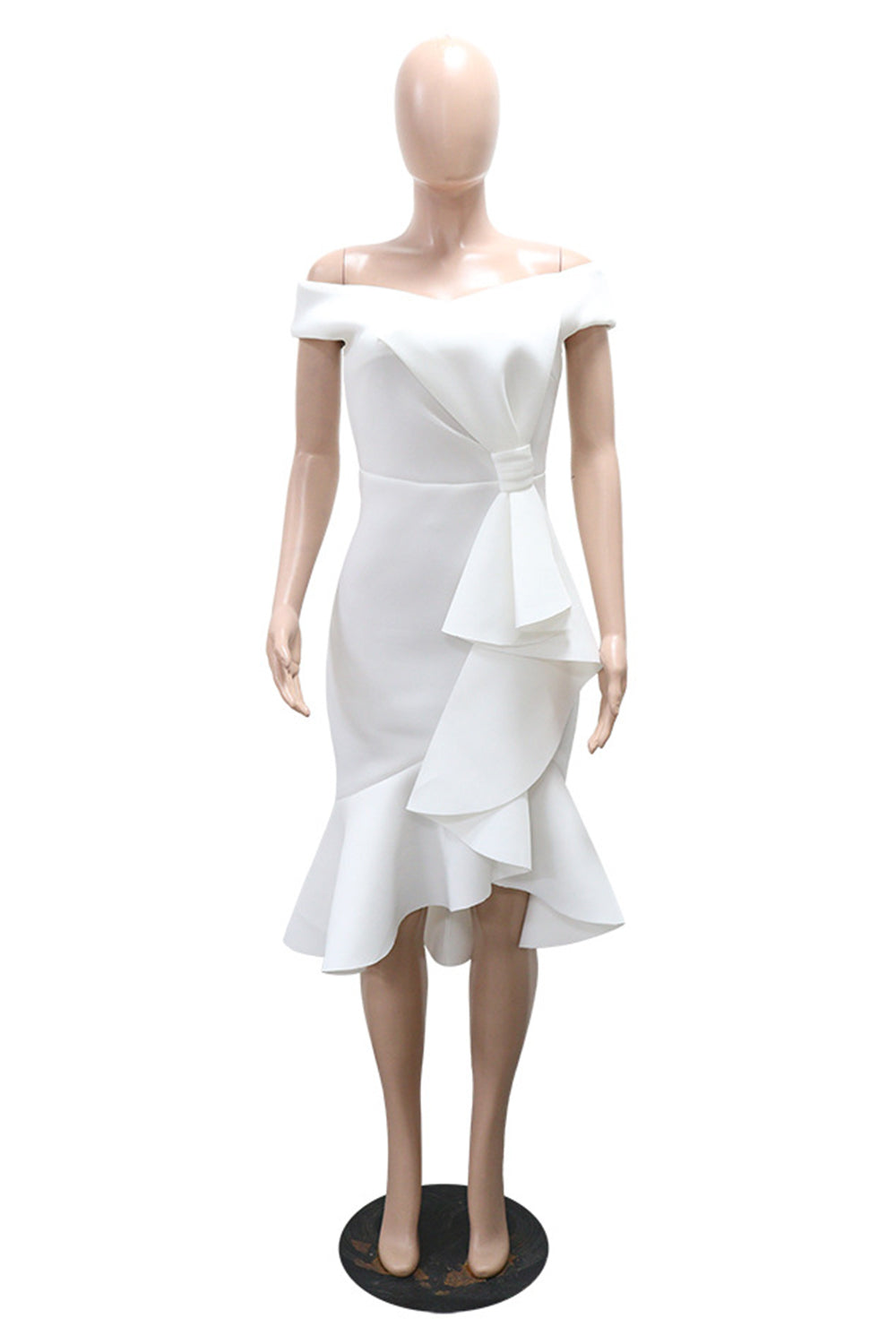 Off Shoulder Knotted Ruffle Solid Color Fishtail Gowns Midi Dresses-White