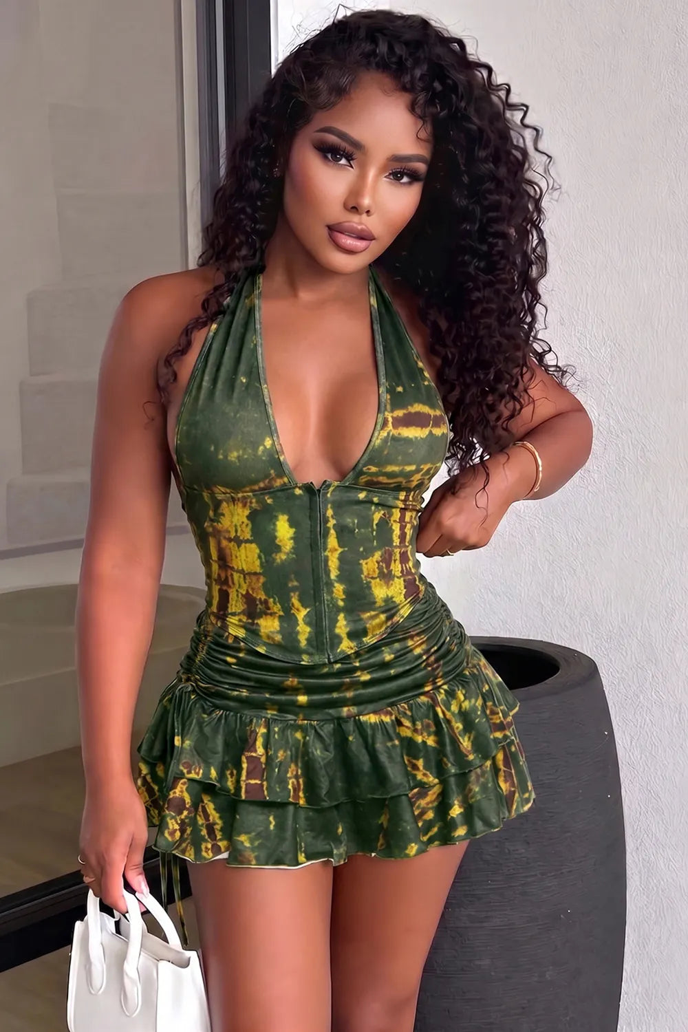 Halter Deep V Neck Cinch Waist Top Ruffle Mini Skirt Vacation 2pcs Set-Green