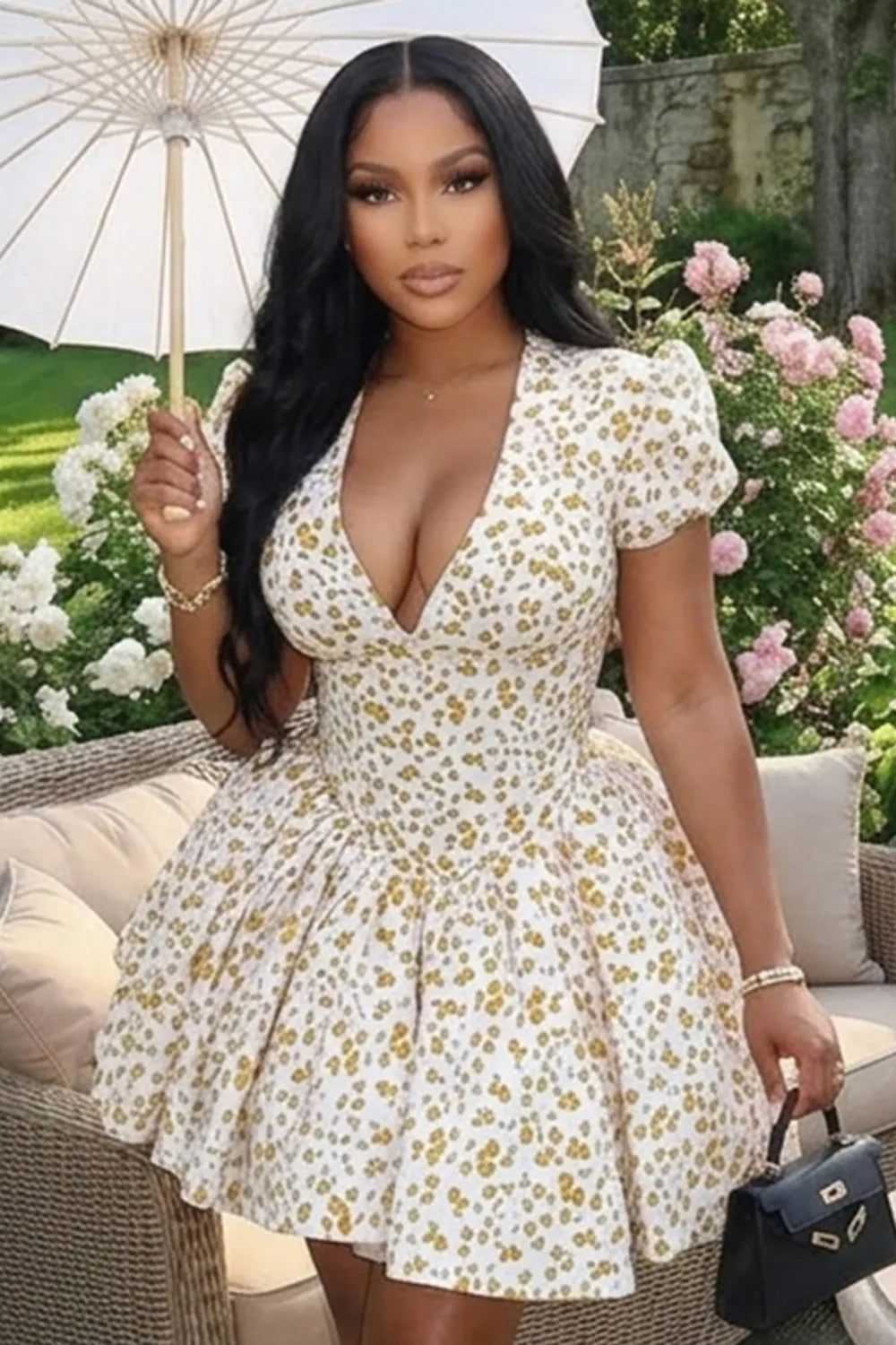 Deep V Neck Puff Sleeve Cinch Waist A-Line Mini Dresses-Beige