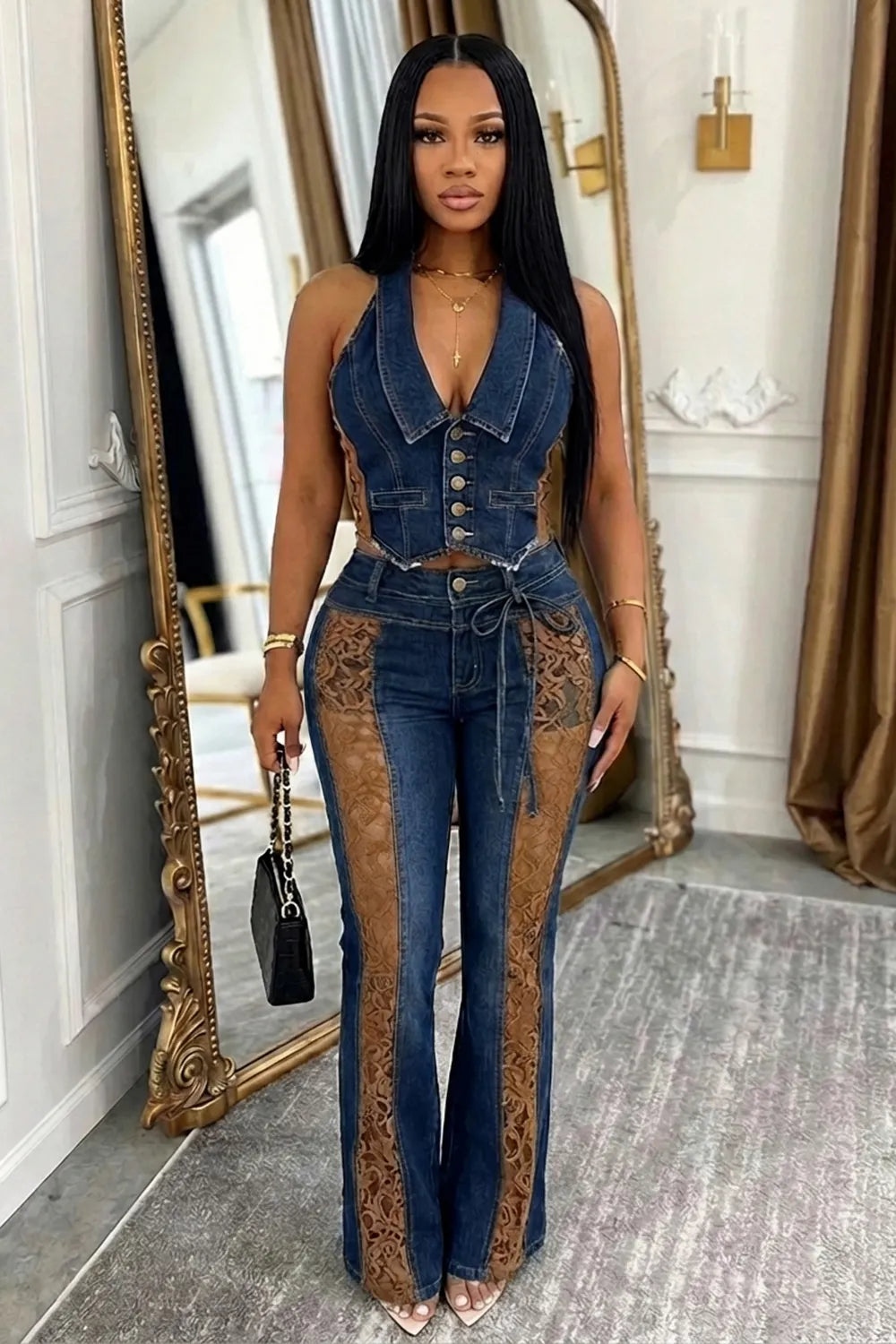 Denim Lace Deep V Neck Sleeveless Top Skinny Pants 2pcs Set-Blue