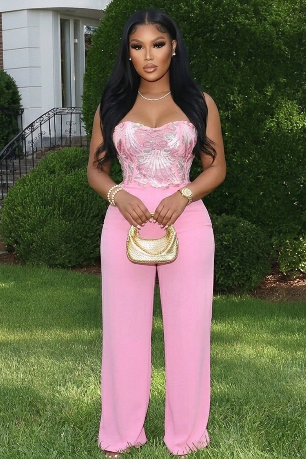 Strapless Back Lace Up Straight Leg Slim Fit Casual Jumpsuit-Pink