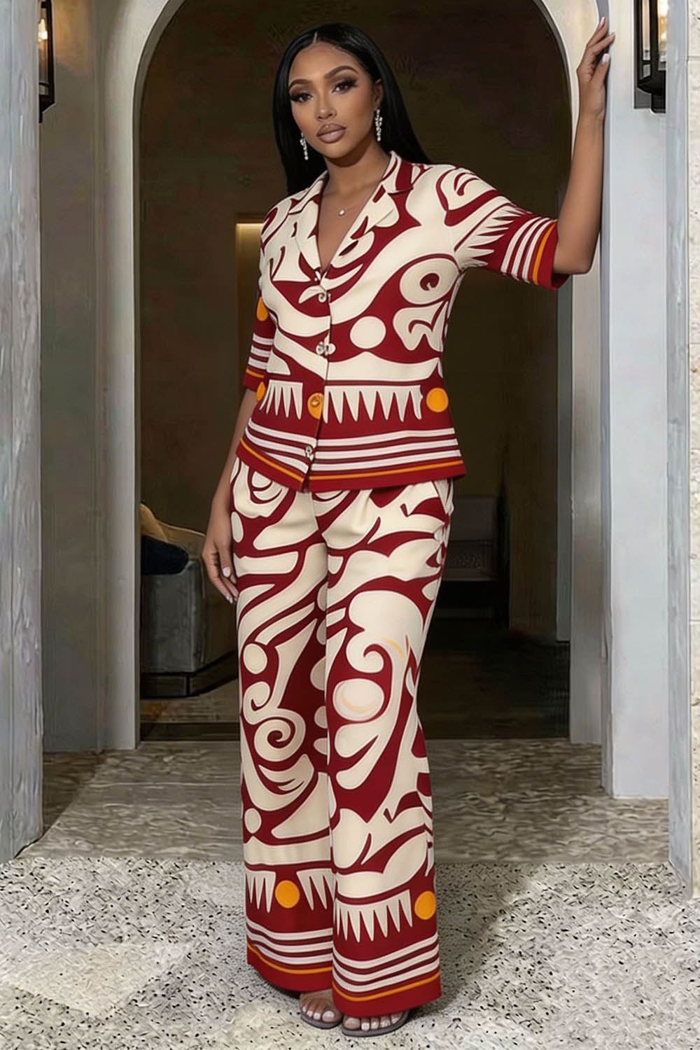 All Over Abstract Print Short Sleeve Blouse Wide Leg Pants 2pcs Set-Red