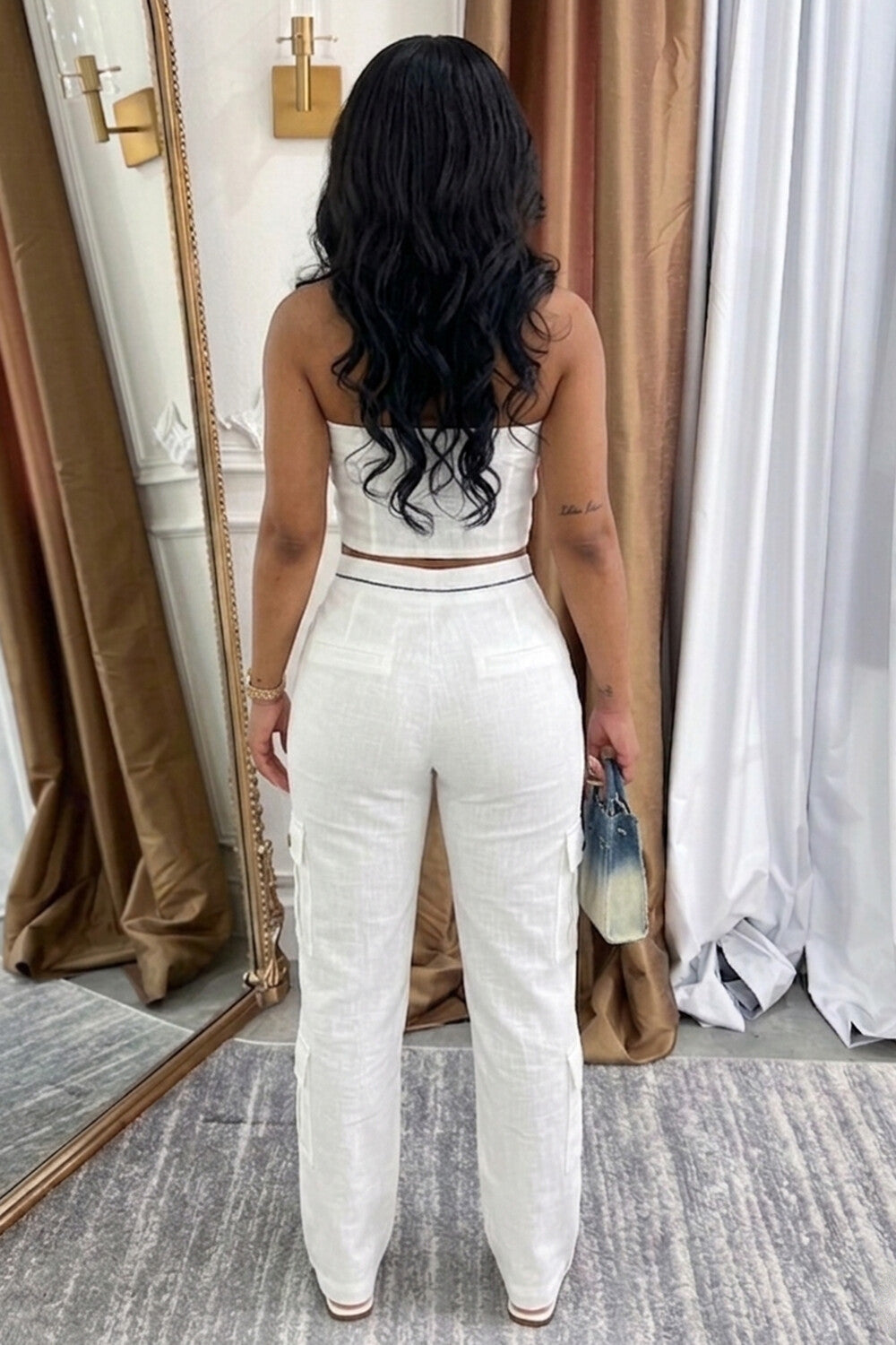 Cargo Strapless Crop Top High Waist Pants Casual 2pcs Set-White