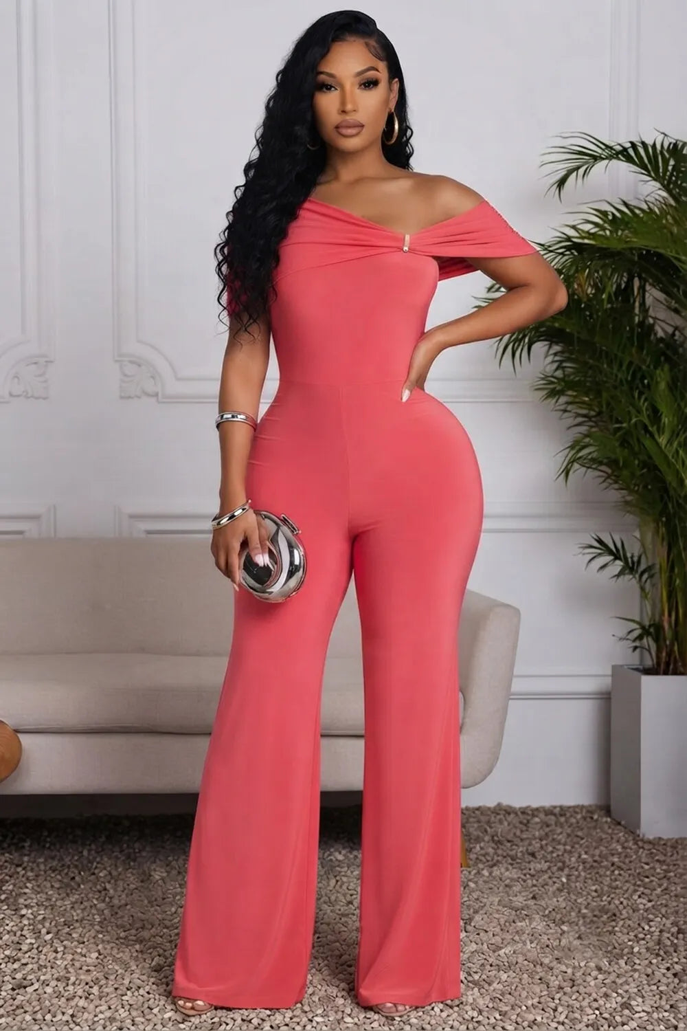 Off Shoulder Cinch Waist Solid Color Wide Leg Jumpsuit-Pink