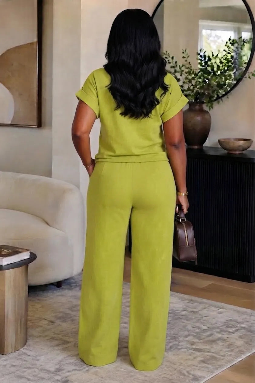 Round Neck Top Drawstring Wide Leg Pants Casual 2pcs Set-Green