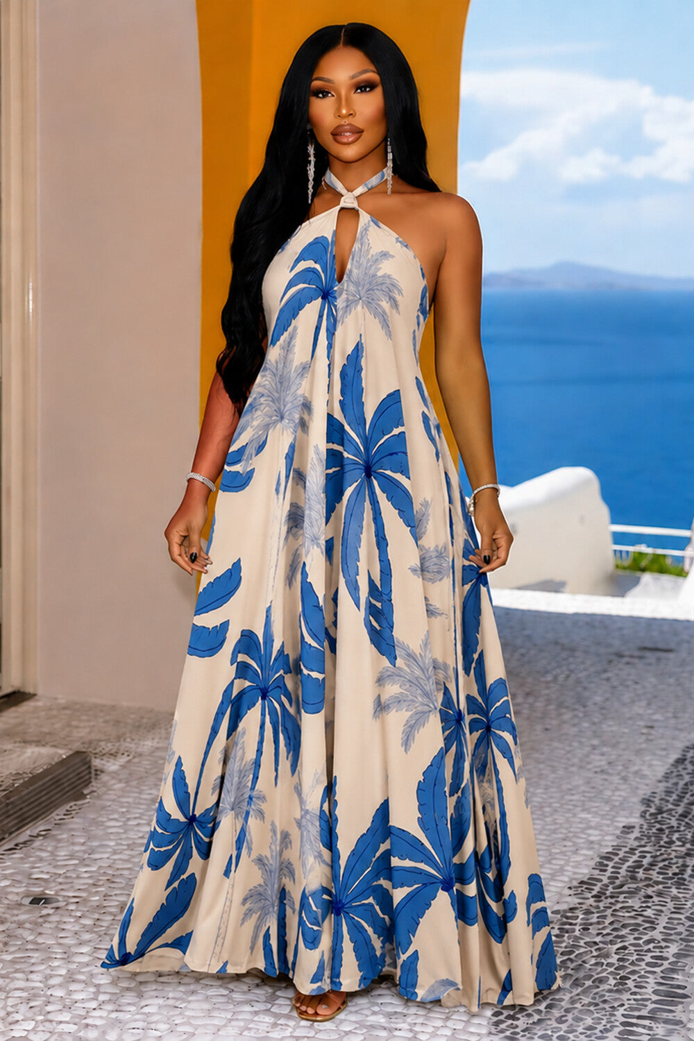 Halter Cut Out Palm Tree Print A-Line Vacation Maxi Dresses-Blue