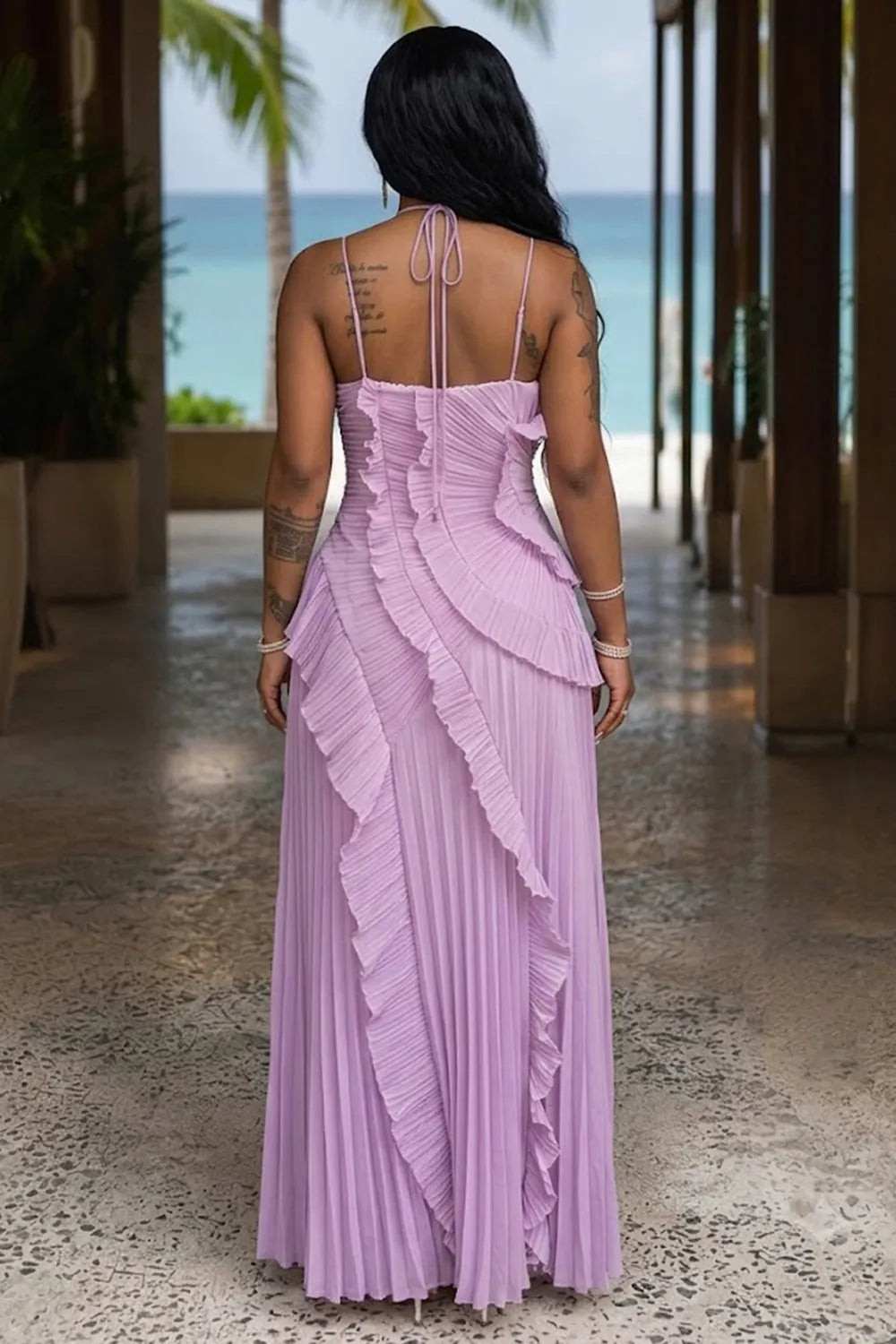Halter Neck Pleated Irregular Hem Slit Vacation Maxi Dresses-Purple