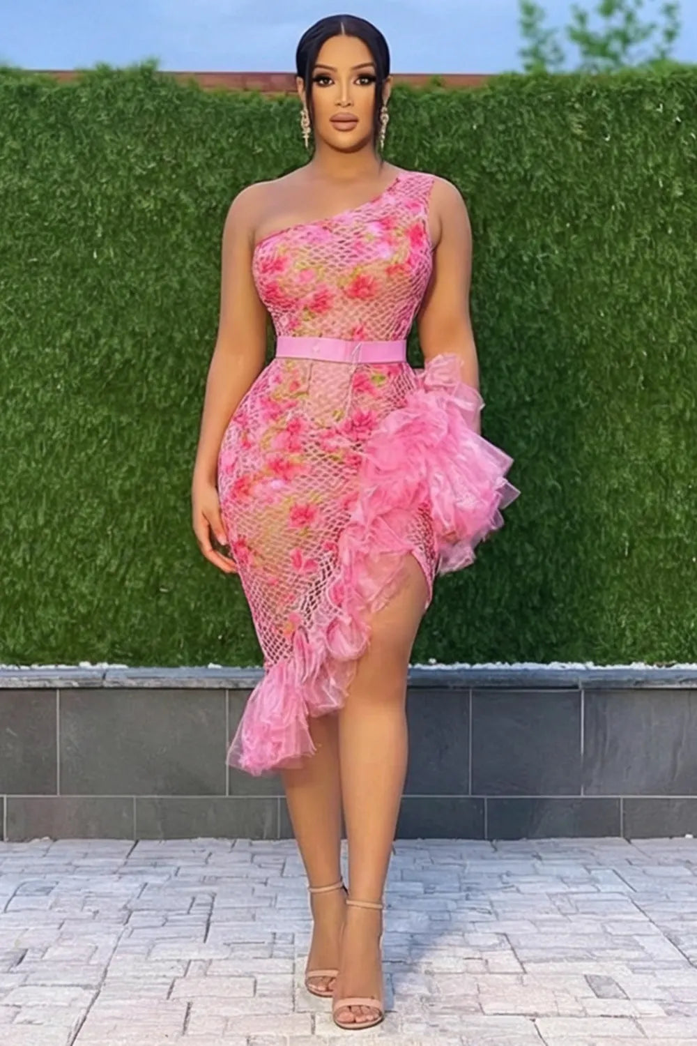 One Shoulder Floral Pattern Slit Ruffle Trim Midi Dresses-Pink