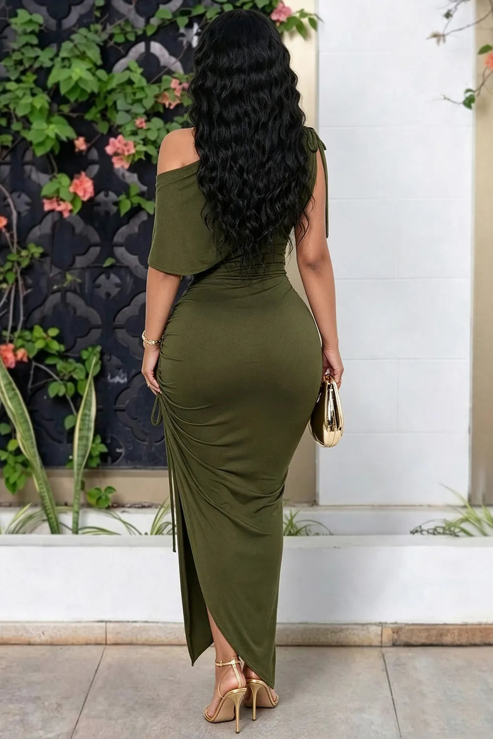 Off Shoulder Drawstring Ruched Irregular Hem Maxi Dresses-Green