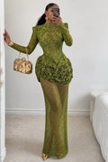 Shoulder Pad 3D Floral Patchwork Fishnet Mesh Maxi Dresses-Green