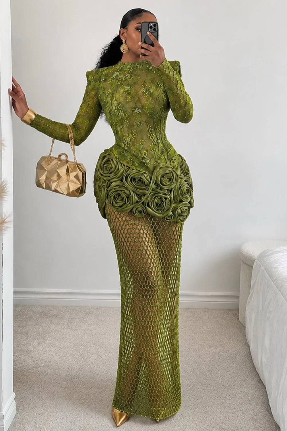 Shoulder Pad 3D Floral Patchwork Fishnet Mesh Maxi Dresses-Green