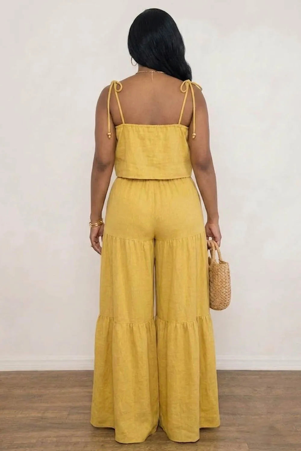 Tie-Up Strap Crop Top Drawstring Tiered Wide Leg Pants 2pcs Set-Yellow