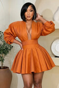 Plunge Neck Lantern Sleeve Flounce Hem Mini Dresses-Orange