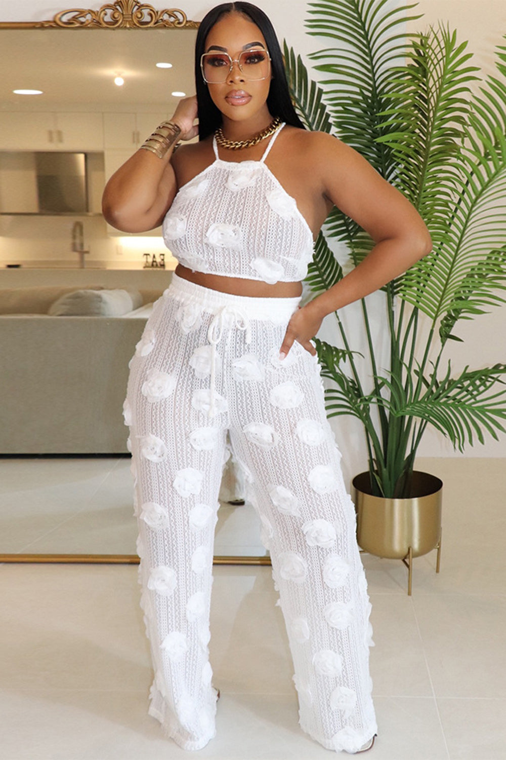 3D Flower Halter Backless Crop Top Wide Leg Pants Knit Casual 2pcs Set-White