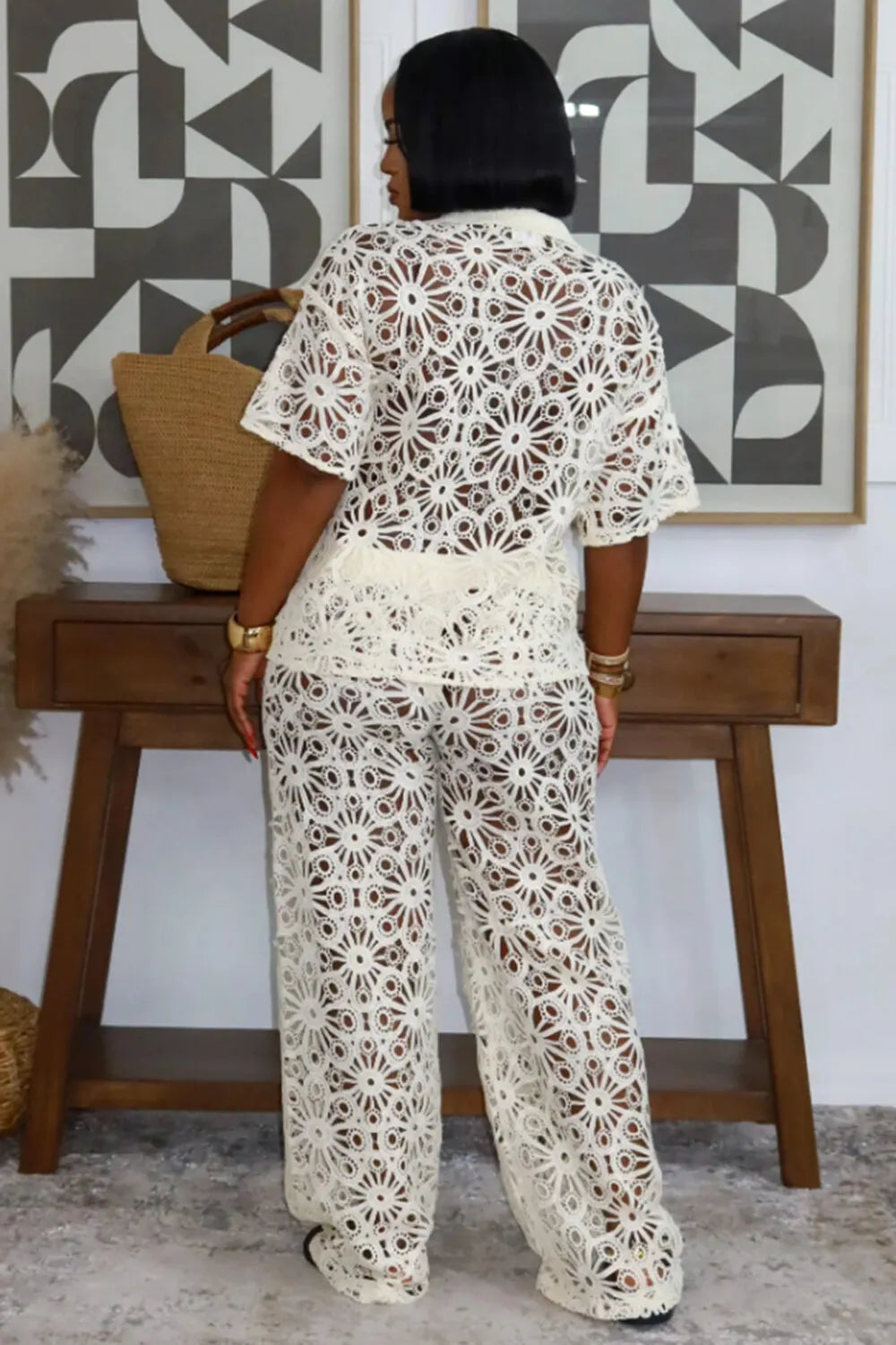 Hollow Out  Collar Top Wide Leg Pants 2pcs Set-White