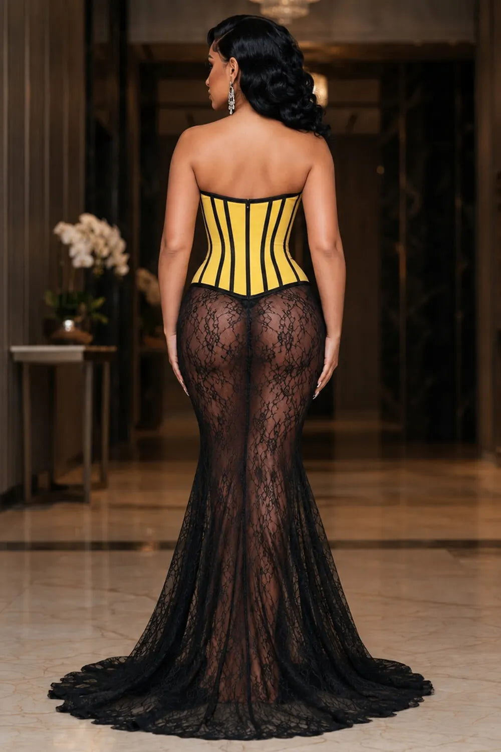Strapless Bowknot Lace Patchwork Mermaid Maxi Dresses-Black