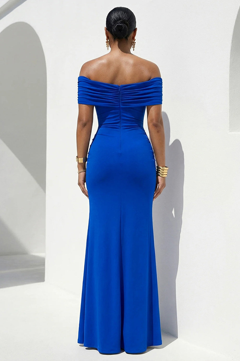 Off Shoulder Ruched Metal Decor Solid Color Slit Gowns Maxi Dresses-Fuchsia