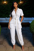 Cargo  Collar Short Sleeve Zipper Casual Jumpsuit-White