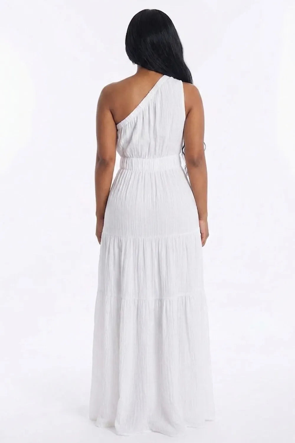 Oblique Collar Solid Color Elastic Waist Tiered Vacation Maxi Dresses-White