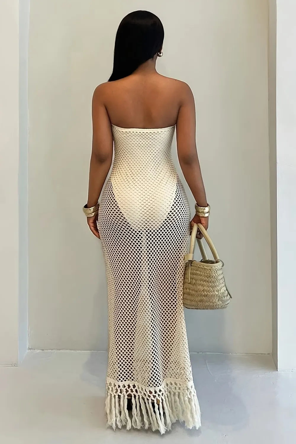 Strapless Bodysuit Slim Fringe Crochet Maxi Skirt Vacation 2pcs Set-Apricot