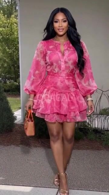 Round Neck Long Sleeve Floral Ruffle Vacation Mini Dresses-Pink