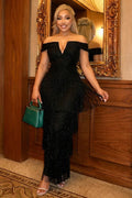 Off Shoulder V Neck Glitter Bead Tiered Tassel Maxi Dresses-Black
