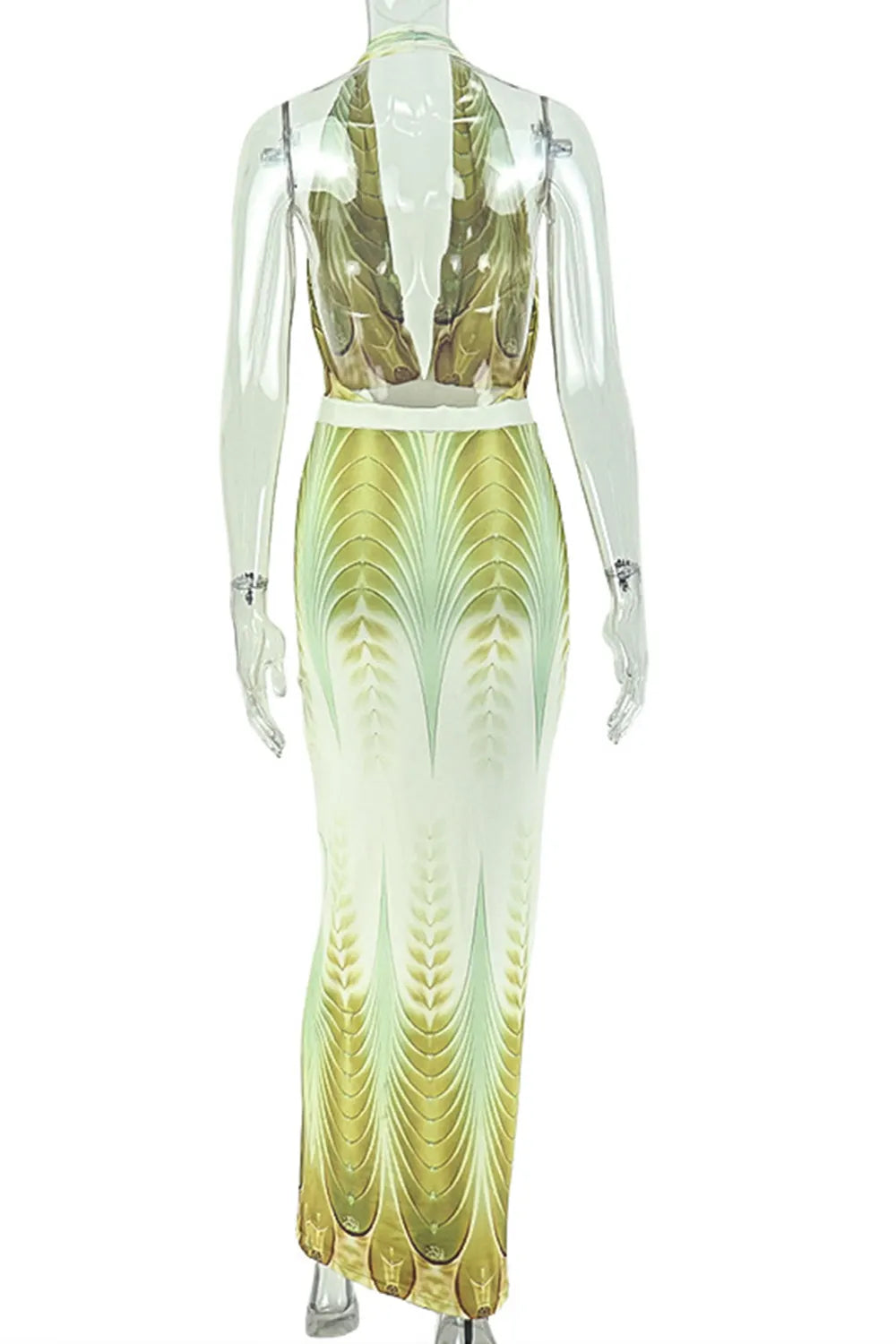 Halter Deep V Neck Backless Gradient Print Slim Vacation Maxi Dresses-Green