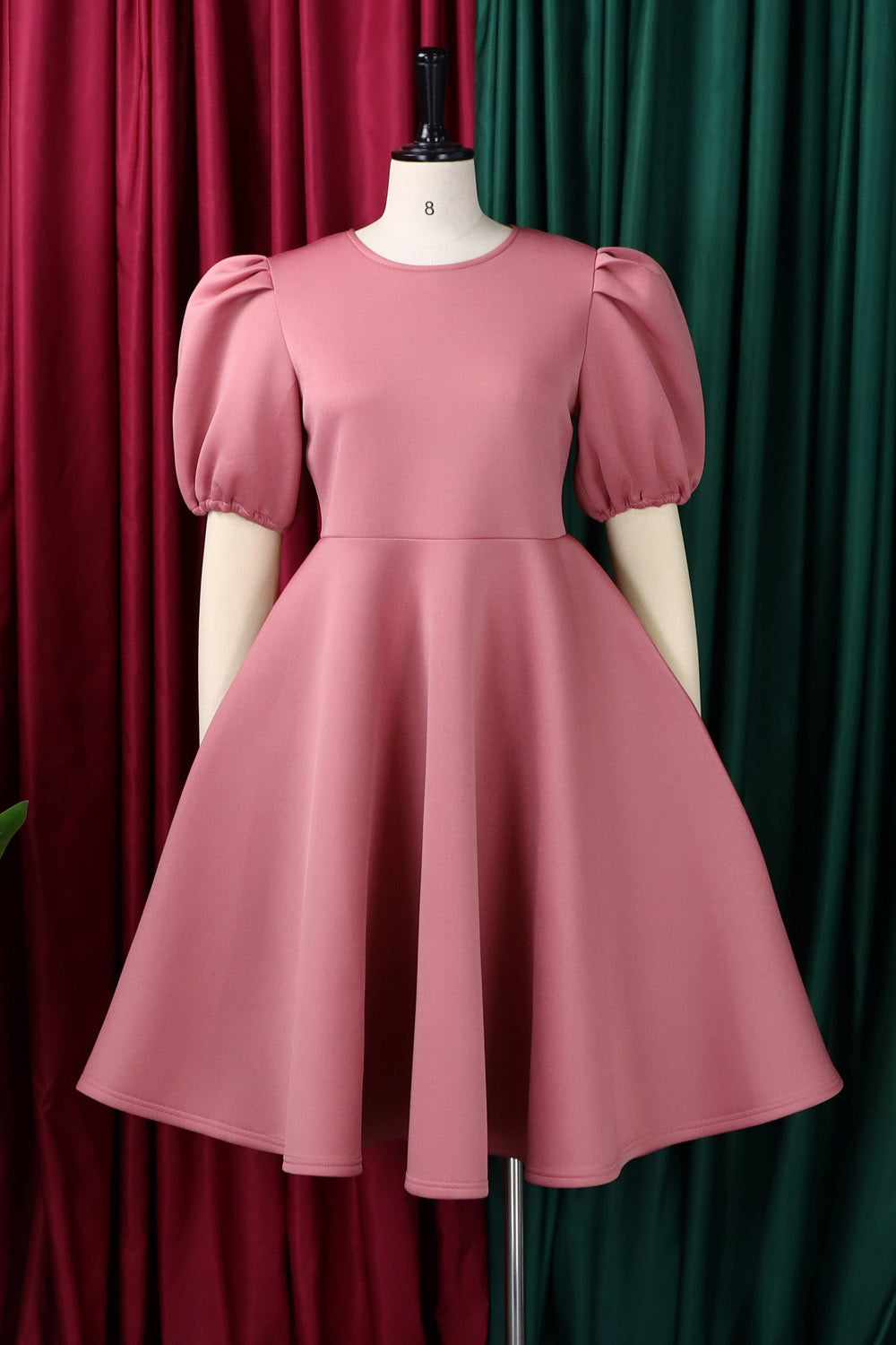 Round Neck Balloon Sleeve Solid Color Cinch Waist Formal Midi Dresses-Pink