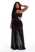 Plain Tube Top Halter Neck See Through Mesh Waist Ruched Maxi Dresses-Black