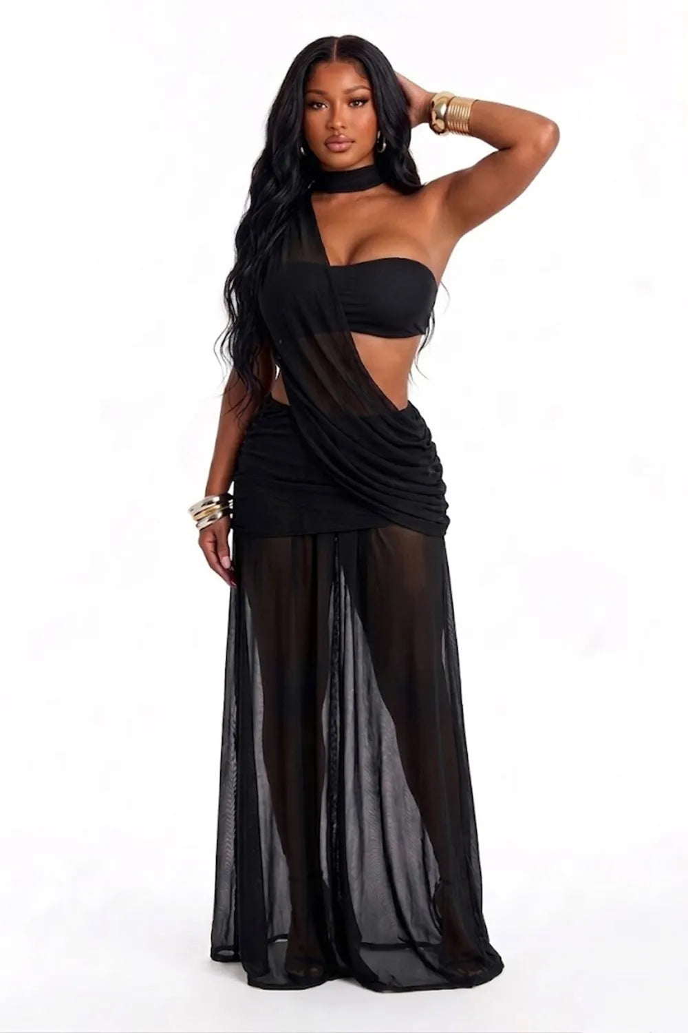 Plain Tube Top Halter Neck See Through Mesh Waist Ruched Maxi Dresses-Black