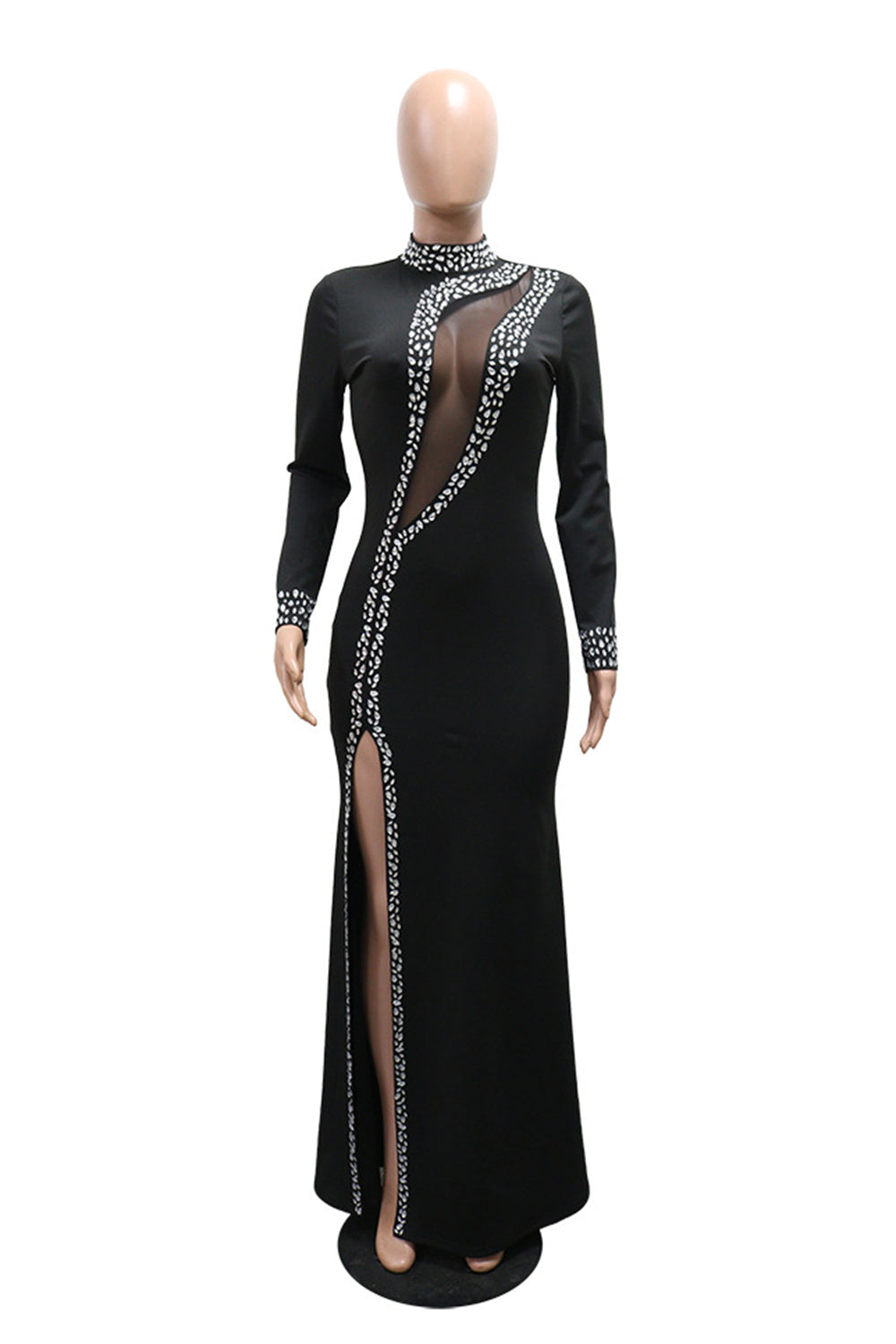 Mock Neck Long Sleeve Crystal Mesh Patchwork Slit Gowns Maxi Dresses-Black