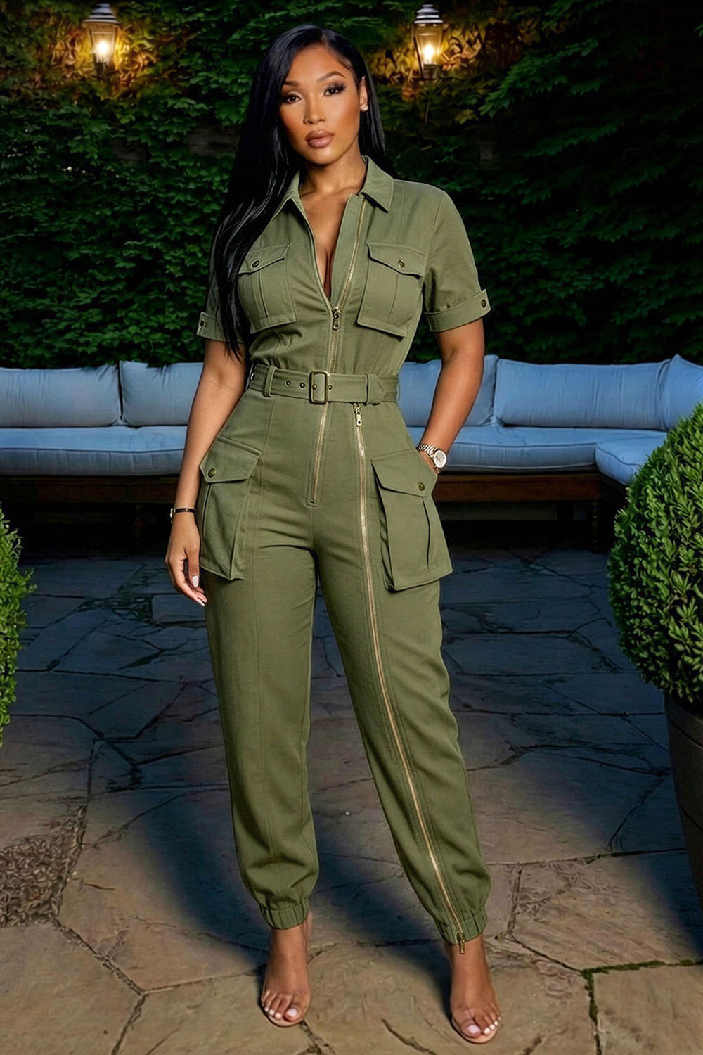 Cargo Turndown Collar Short Sleeve Zipper Casual Jumpsuit-White