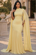 Cape Sleeve Cinch Waist Mesh Patchwork Pleated Gowns Maxi Dresses-Yellow