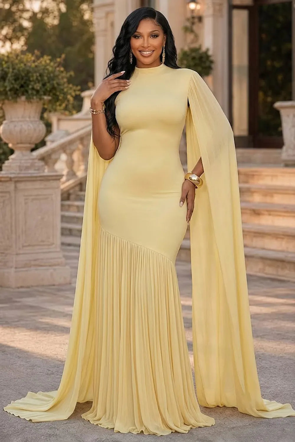 Cape Sleeve Cinch Waist Mesh Patchwork Pleated Gowns Maxi Dresses-Yellow