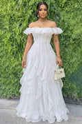 Off Shoulder Ruffle Trim Bouffant Gowns Maxi Dresses-White