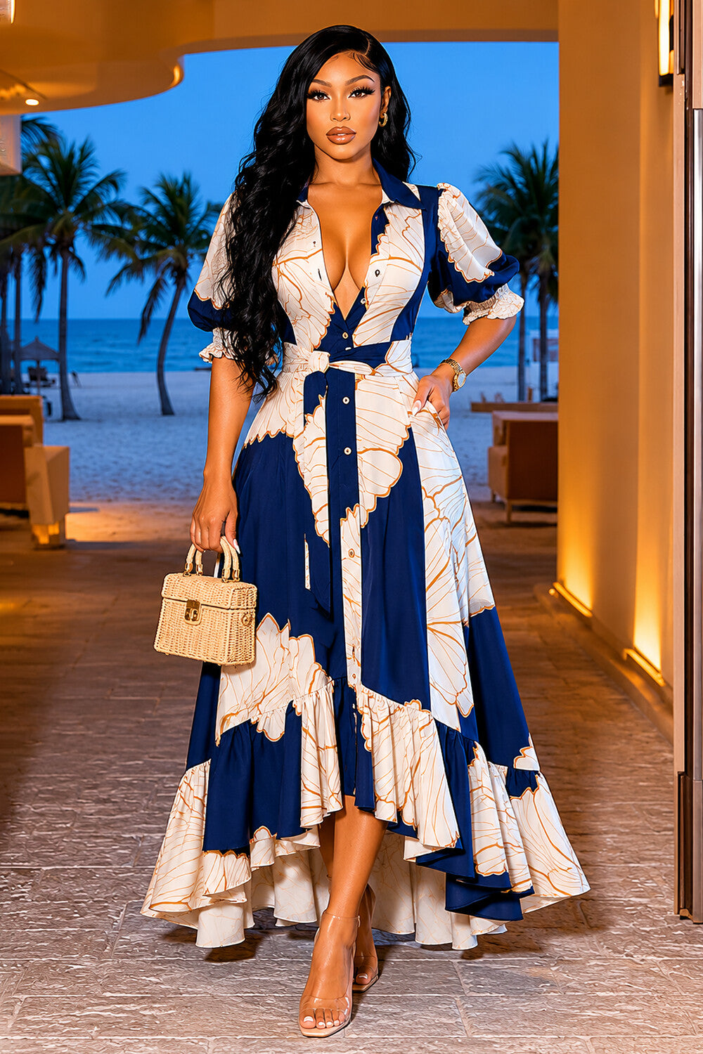Collar Puff Sleeve Floral A-Line Casual Maxi Dresses