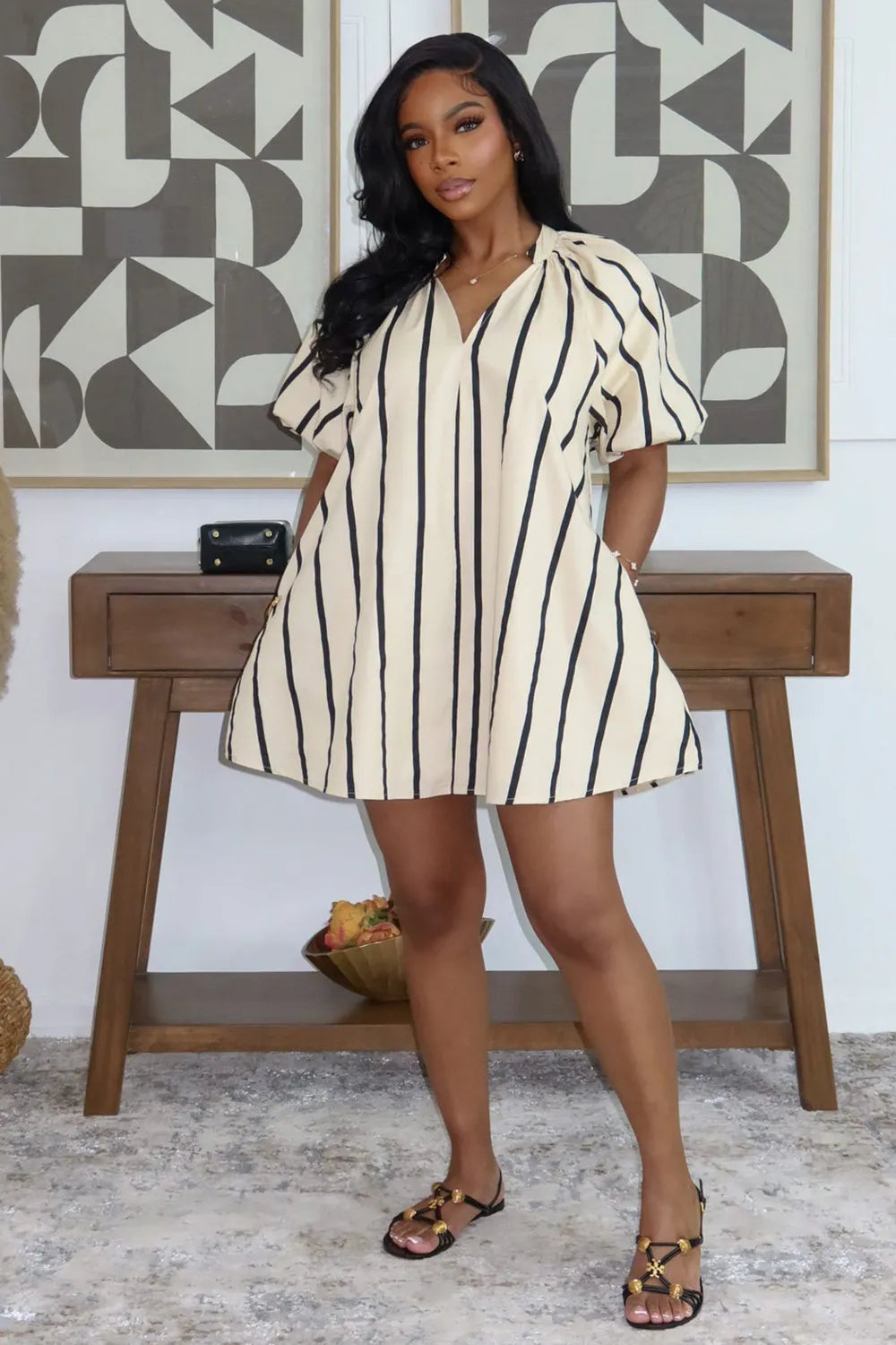 V Neck Puff Sleeve Striped Loose Fit Casual Mini Dresses-Green