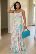 Spaghetti Strap Cinch Waist Floral Print Maxi Dresses