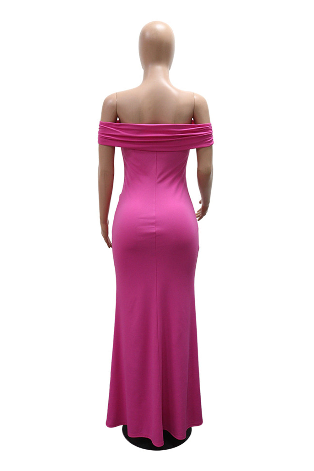 Off Shoulder Ruched Metal Decor Solid Color Slit Gowns Maxi Dresses-Fuchsia